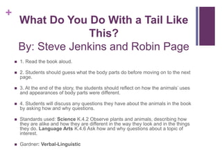 What Do You Do With a Tail Like This? By: Steve Jenkins and Robin Page1. Read the book aloud.2. Students should guess what the body parts do before moving on to the next page.3. At the end of the story, the students should reflect on how the animals’ uses and appearances of body parts were different.4. Students will discuss any questions they have about the animals in the book by asking how and why questions.Standards used: Science K.4.2 Observe plants and animals, describing how they are alike and how they are different in the way they look and in the things they do. Language Arts K.4.6 Ask how and why questions about a topic of interest.Gardner: Verbal-Linguistic