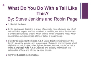 What Do You Do With a Tail Like This? By: Steve Jenkins and Robin Page1. Revisit the book.2. On each page depicting a group of animals, have students say which animal is the largest and the smallest, in real-life, not in the illustrations. Students should also predict which animal would weigh the most, which one is taller, which one has a longer tail or a bigger nose. Standards used: Mathematics K.5.1 Make direct comparisons of the length, capacity, weight, and temperature of objects and recognize which object is shorter, longer, taller, lighter, heavier, warmer, cooler, or holds more. Language Arts K.4.8 Organize and classify information into categories of how and why or by color or size.Gardner: Logical-mathematical