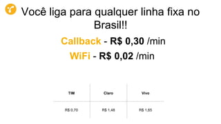 TIM Claro Vivo
R$ 0,70 R$ 1,48 R$ 1,65
Callback - R$ 0,30 /min
WiFi - R$ 0,02 /min
Você liga para qualquer linha fixa no
Brasil!!
 