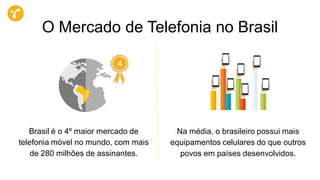 Na média, o brasileiro possui mais
equipamentos celulares do que outros
povos em países desenvolvidos.
Brasil é o 4º maior mercado de
telefonia móvel no mundo, com mais
de 280 milhões de assinantes.
4
O Mercado de Telefonia no Brasil
 