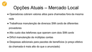 Opções Atuais – Mercado Local
● Operadoras cobram valores altos para chamadas fora da mesma
rede
● Trabalhosa manutenção de diversos SIM cards de diferentes
provedores
● Alto custo dos telefones que operam com dois SIM cards
● Difícil manutenção de múltiplas contas
● Despesas adicionais para pacotes de benefícios (o preço efetivo
da chamada é mais alto do que o anunciado)
 