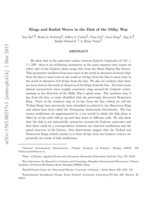 arXiv:1503.00257v1[astro-ph.GA]1Mar2015
Rings and Radial Waves in the Disk of the Milky Way
Yan Xu1,2, Heidi Jo Newberg2, Jeﬀrey L. Carlin2, Chao Liu1, Licai Deng1, Jing Li3,
Ralph Sch¨onrich 4, & Brian Yanny5
ABSTRACT
We show that in the anticenter region, between Galactic longitudes of 110◦
<
l < 229◦
, there is an oscillating asymmetry in the main sequence star counts on
either side of the Galactic plane using data from the Sloan Digital Sky Survey.
This asymmetry oscillates from more stars in the north at distances of about 2 kpc
from the Sun to more stars in the south at 4-6 kpc from the Sun to more stars in
the north at distances of 8-10 kpc from the Sun. We also see evidence that there
are more stars in the south at distances of 12-16 kpc from the Sun. The three more
distant asymmetries form roughly concentric rings around the Galactic center,
opening in the direction of the Milky Way’s spiral arms. The northern ring, 9
kpc from the Sun, is easily identiﬁed with the previously discovered Monoceros
Ring. Parts of the southern ring at 14 kpc from the Sun (which we call the
TriAnd Ring) have previously been identiﬁed as related to the Monoceros Ring
and others have been called the Triangulum Andromeda Overdensity. The two
nearer oscillations are approximated by a toy model in which the disk plane is
oﬀset by of the order 100 pc up and then down at diﬀerent radii. We also show
that the disk is not azimuthally symmetric around the Galactic anticenter and
that there could be a correspondence between our observed oscillations and the
spiral structure of the Galaxy. Our observations suggest that the TriAnd and
Monoceros Rings (which extend to at least 25 kpc from the Galactic center) are
primarily the result of disk oscillations.
1
National Astronomical Observatories, Chinese Academy of Sciences, Beijing 100012, PR
China;xuyan@bao.ac.cn
2
Dept. of Physics, Applied Physics and Astronomy, Rensselaer Polytechnic Institute Troy, NY 12180
3
Key Laboratory for Research in Galaxies and Cosmology, Shanghai Astronomical Observatory, Chinese
Academy of Sciences,80 Nandan Road, Shanghai 200030, China
4
Rudolf-Peierls Centre for Theoretical Physics, University of Oxford, 1 Keble Road, OX1 3NP, UK
5
Experimental Astrophysics Group, Fermi National Accelerator Laboratory,PO Box 500, Batavia, IL
60510
 
