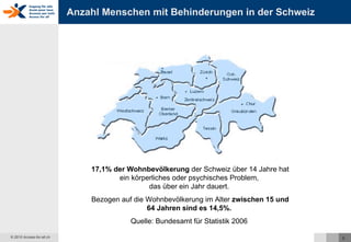 Anzahl Menschen mit Behinderungen in der Schweiz 17,1% der Wohnbevölkerung  der Schweiz über 14 Jahre hat ein körperliches oder psychisches Problem,  das über ein Jahr dauert.  Bezogen auf die Wohnbevölkerung im Alter  zwischen 15 und 64 Jahren sind es 14,5%.  Quelle: Bundesamt für Statistik 2006  