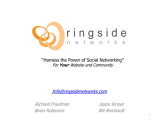 “Harness the Power of Social Networking”
        For Your Website and Community




        Info@ringsidenetworks.com

Richard Friedman              Jason Kinner
Brian Robinson                Bill Reichardt
                                               1
 