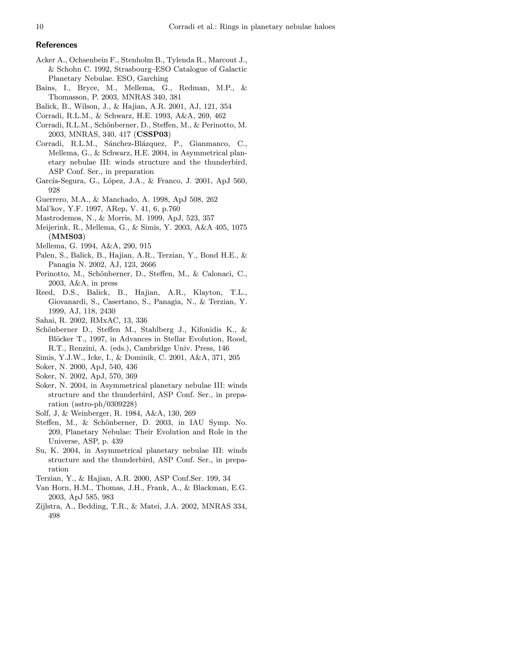 10                                    Corradi et al.: Rings in planetary nebulae haloes

References
Acker A., Ochsenbein F., Stenholm B., Tylenda R., Marcout J.,
    & Schohn C. 1992, Strasbourg–ESO Catalogue of Galactic
    Planetary Nebulae. ESO, Garching
Bains, I., Bryce, M., Mellema, G., Redman, M.P., &
    Thomasson, P. 2003, MNRAS 340, 381
Balick, B., Wilson, J., & Hajian, A.R. 2001, AJ, 121, 354
Corradi, R.L.M., & Schwarz, H.E. 1993, A&A, 269, 462
Corradi, R.L.M., Sch¨nberner, D., Steﬀen, M., & Perinotto, M.
                      o
    2003, MNRAS, 340, 417 (CSSP03)
Corradi, R.L.M., S´nchez-Bl´zquez, P., Gianmanco, C.,
                       a        a
    Mellema, G., & Schwarz, H.E. 2004, in Asymmetrical plan-
    etary nebulae III: winds structure and the thunderbird,
    ASP Conf. Ser., in preparation
Garc´ ıa-Segura, G., L´pez, J.A., & Franco, J. 2001, ApJ 560,
                       o
    928
Guerrero, M.A., & Manchado, A. 1998, ApJ 508, 262
Mal’kov, Y.F. 1997, ARep, V. 41, 6, p.760
Mastrodemos, N., & Morris, M. 1999, ApJ, 523, 357
Meijerink, R., Mellema, G., & Simis, Y. 2003, A&A 405, 1075
    (MMS03)
Mellema, G. 1994, A&A, 290, 915
Palen, S., Balick, B., Hajian, A.R., Terzian, Y., Bond H.E., &
    Panagia N. 2002, AJ, 123, 2666
Perinotto, M., Sch¨nberner, D., Steﬀen, M., & Calonaci, C.,
                    o
    2003, A&A, in press
Reed, D.S., Balick, B., Hajian, A.R., Klayton, T.L.,
    Giovanardi, S., Casertano, S., Panagia, N., & Terzian, Y.
    1999, AJ, 118, 2430
Sahai, R. 2002, RMxAC, 13, 336
Sch¨nberner D., Steﬀen M., Stahlberg J., Kifonidis K., &
    o
    Bl¨cker T., 1997, in Advances in Stellar Evolution, Rood,
       o
    R.T., Renzini, A. (eds.), Cambridge Univ. Press, 146
Simis, Y.J.W., Icke, I., & Dominik, C. 2001, A&A, 371, 205
Soker, N. 2000, ApJ, 540, 436
Soker, N. 2002, ApJ, 570, 369
Soker, N. 2004, in Asymmetrical planetary nebulae III: winds
    structure and the thunderbird, ASP Conf. Ser., in prepa-
    ration (astro-ph/0309228)
Solf, J, & Weinberger, R. 1984, A&A, 130, 269
Steﬀen, M., & Sch¨nberner, D. 2003, in IAU Symp. No.
                      o
    209, Planetary Nebulae: Their Evolution and Role in the
    Universe, ASP, p. 439
Su, K. 2004, in Asymmetrical planetary nebulae III: winds
    structure and the thunderbird, ASP Conf. Ser., in prepa-
    ration
Terzian, Y., & Hajian, A.R. 2000, ASP Conf.Ser. 199, 34
Van Horn, H.M., Thomas, J.H., Frank, A., & Blackman, E.G.
    2003, ApJ 585, 983
Zijlstra, A., Bedding, T.R., & Matei, J.A. 2002, MNRAS 334,
    498
 