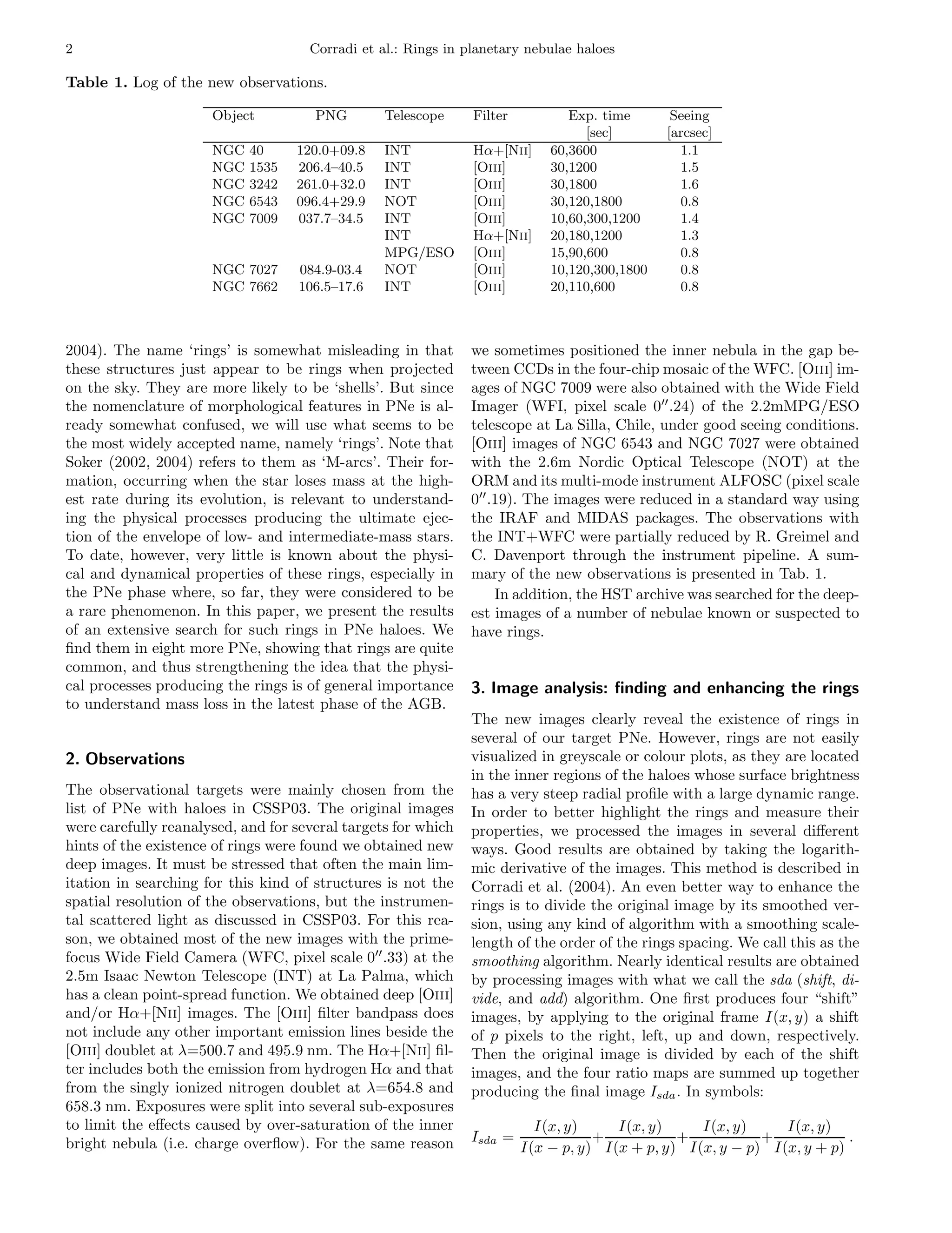 2                                    Corradi et al.: Rings in planetary nebulae haloes

Table 1. Log of the new observations.

                      Object          PNG        Telescope     Filter          Exp. time       Seeing
                                                                                  [sec]       [arcsec]
                      NGC   40     120.0+09.8    INT           Hα+[Nii]     60,3600             1.1
                      NGC   1535   206.4–40.5    INT           [Oiii]       30,1200             1.5
                      NGC   3242   261.0+32.0    INT           [Oiii]       30,1800             1.6
                      NGC   6543   096.4+29.9    NOT           [Oiii]       30,120,1800         0.8
                      NGC   7009   037.7–34.5    INT           [Oiii]       10,60,300,1200      1.4
                                                 INT           Hα+[Nii]     20,180,1200         1.3
                                                 MPG/ESO       [Oiii]       15,90,600           0.8
                      NGC 7027      084.9-03.4   NOT           [Oiii]       10,120,300,1800     0.8
                      NGC 7662      106.5–17.6   INT           [Oiii]       20,110,600          0.8



2004). The name ‘rings’ is somewhat misleading in that         we sometimes positioned the inner nebula in the gap be-
these structures just appear to be rings when projected        tween CCDs in the four-chip mosaic of the WFC. [Oiii] im-
on the sky. They are more likely to be ‘shells’. But since     ages of NGC 7009 were also obtained with the Wide Field
the nomenclature of morphological features in PNe is al-       Imager (WFI, pixel scale 0′′ .24) of the 2.2mMPG/ESO
ready somewhat confused, we will use what seems to be          telescope at La Silla, Chile, under good seeing conditions.
the most widely accepted name, namely ‘rings’. Note that       [Oiii] images of NGC 6543 and NGC 7027 were obtained
Soker (2002, 2004) refers to them as ‘M-arcs’. Their for-      with the 2.6m Nordic Optical Telescope (NOT) at the
mation, occurring when the star loses mass at the high-        ORM and its multi-mode instrument ALFOSC (pixel scale
est rate during its evolution, is relevant to understand-      0′′ .19). The images were reduced in a standard way using
ing the physical processes producing the ultimate ejec-        the IRAF and MIDAS packages. The observations with
tion of the envelope of low- and intermediate-mass stars.      the INT+WFC were partially reduced by R. Greimel and
To date, however, very little is known about the physi-        C. Davenport through the instrument pipeline. A sum-
cal and dynamical properties of these rings, especially in     mary of the new observations is presented in Tab. 1.
the PNe phase where, so far, they were considered to be             In addition, the HST archive was searched for the deep-
a rare phenomenon. In this paper, we present the results       est images of a number of nebulae known or suspected to
of an extensive search for such rings in PNe haloes. We        have rings.
ﬁnd them in eight more PNe, showing that rings are quite
common, and thus strengthening the idea that the physi-
cal processes producing the rings is of general importance     3. Image analysis: ﬁnding and enhancing the rings
to understand mass loss in the latest phase of the AGB.
                                                               The new images clearly reveal the existence of rings in
                                                               several of our target PNe. However, rings are not easily
2. Observations                                                visualized in greyscale or colour plots, as they are located
                                                               in the inner regions of the haloes whose surface brightness
The observational targets were mainly chosen from the          has a very steep radial proﬁle with a large dynamic range.
list of PNe with haloes in CSSP03. The original images         In order to better highlight the rings and measure their
were carefully reanalysed, and for several targets for which   properties, we processed the images in several diﬀerent
hints of the existence of rings were found we obtained new     ways. Good results are obtained by taking the logarith-
deep images. It must be stressed that often the main lim-      mic derivative of the images. This method is described in
itation in searching for this kind of structures is not the    Corradi et al. (2004). An even better way to enhance the
spatial resolution of the observations, but the instrumen-     rings is to divide the original image by its smoothed ver-
tal scattered light as discussed in CSSP03. For this rea-      sion, using any kind of algorithm with a smoothing scale-
son, we obtained most of the new images with the prime-        length of the order of the rings spacing. We call this as the
focus Wide Field Camera (WFC, pixel scale 0′′ .33) at the      smoothing algorithm. Nearly identical results are obtained
2.5m Isaac Newton Telescope (INT) at La Palma, which           by processing images with what we call the sda (shift, di-
has a clean point-spread function. We obtained deep [Oiii]     vide, and add) algorithm. One ﬁrst produces four “shift”
and/or Hα+[Nii] images. The [Oiii] ﬁlter bandpass does         images, by applying to the original frame I(x, y) a shift
not include any other important emission lines beside the      of p pixels to the right, left, up and down, respectively.
[Oiii] doublet at λ=500.7 and 495.9 nm. The Hα+[Nii] ﬁl-       Then the original image is divided by each of the shift
ter includes both the emission from hydrogen Hα and that       images, and the four ratio maps are summed up together
from the singly ionized nitrogen doublet at λ=654.8 and        producing the ﬁnal image Isda . In symbols:
658.3 nm. Exposures were split into several sub-exposures
to limit the eﬀects caused by over-saturation of the inner                I(x, y)     I(x, y)     I(x, y)     I(x, y)
bright nebula (i.e. charge overﬂow). For the same reason       Isda =              +           +           +            .
                                                                        I(x − p, y) I(x + p, y) I(x, y − p) I(x, y + p)
 