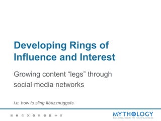 Developing Rings of
Influence and Interest
Growing content “legs” through
social media networks

i.e, how to sling #buzznuggets
 
