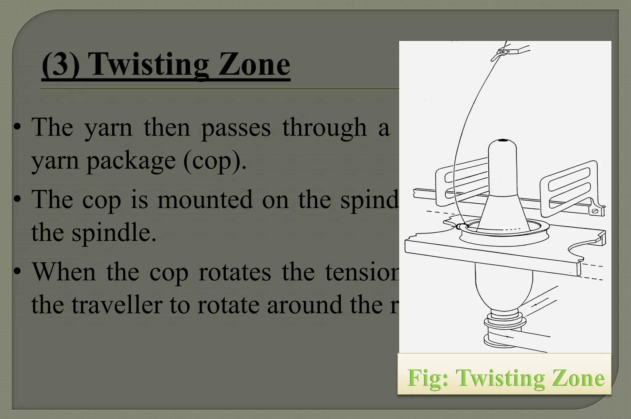 •The yarn then passes through a traveller on to the yarn package (cop). 
•The cop is mounted on the spindle and rotates with the spindle. 
•When the cop rotates the tension on the yarn pulls the traveller to rotate around the ring. 
 