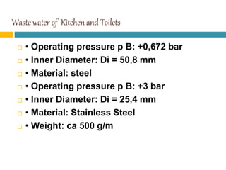 Waste water of Kitchen and Toilets
 • Operating pressure p B: +0,672 bar
 • Inner Diameter: Di = 50,8 mm
 • Material: steel
 • Operating pressure p B: +3 bar
 • Inner Diameter: Di = 25,4 mm
 • Material: Stainless Steel
 • Weight: ca 500 g/m
 