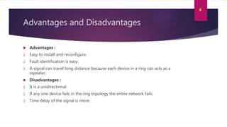 Advantages and Disadvantages
Advantages :
1. Easy to install and reconfigure.
2. Fault identification is easy.
3. A signal can travel long distance because each device in a ring can acts as a
repeater.
Disadvantages :
1. It is a unidirectional.
2. If any one device fails in the ring topology the entire network fails.
3. Time delay of the signal is more.
4