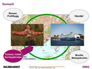 Samspill


    Museer,
   Profilbygg                                                                                               Handel




 Turisme, hotell,                                                                                            Musikk,
 fjordopplevelse    Kart:
                    © www.avinet.no                                                                       Matopplevelse


                          • Peer Gynt, Kilde: http://www.peergynt.no/presse/pressefoto/bilde_19366.html
                          • Color Line, Kilde: Foto: SCANPIX NORGE/Heiko Junge
 