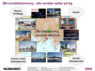 Økt turisttilstrømming – alle områder spiller på lag

         Museer,
                                                                                                                                                     Handel
        Profilbygg




                                               Økt tilstrømming,
                                               Levende sentrum




                                                                                                                         Kart:
                                                                                                                         © www.avinet.no

      Turisme, hotell,                                                                                                                        Musikk,
      fjordopplevelse                                                                                                                       Matopplevelse

                         • Aker Brygge: Norwegian Property • Maemo : Maemo                                       • Color Line: SCANPIX NORGE/Heiko Junge
                         • Eger: Gatis Rozenfeldt              • Lambda: Illustrasjon av Mir/HerrerosArquitectos • Nasjonal Jazzscene: Francesco Saggio
                         • Mathallen : Finn Ståle Felberg      • Den Norske Opera: Erik Berg                     • Astrup Fearnley, Foto: Nic Lehous. ©Tjuvholmen KS
                         • Nasjonalmuseet: Arkitekt Kleihues + Schuwerk Gesellschaft von Architekten mbH, MIR kommunikasjon AS og Statsbygg
 