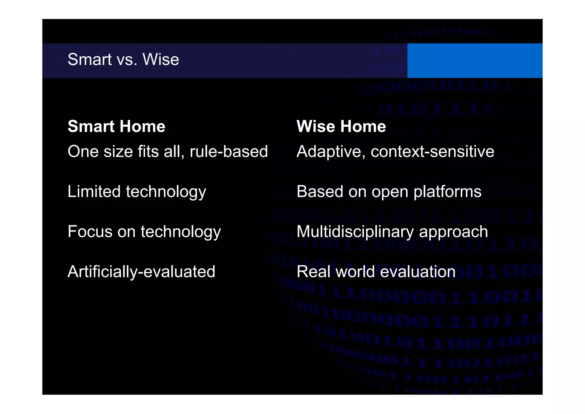 Smart vs. Wise
Smart Home
One size fits all, rule-based
Limited technology
Focus on technology
Artificially-evaluated
Wise Home
Adaptive, context-sensitive
Based on open platforms
Multidisciplinary approach
Real world evaluation
 