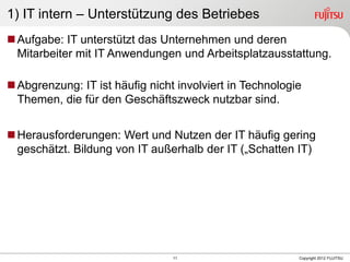 11 Copyright 2012 FUJITSU
1) IT intern – Unterstützung des Betriebes
Aufgabe: IT unterstützt das Unternehmen und deren
Mitarbeiter mit IT Anwendungen und Arbeitsplatzausstattung.
Abgrenzung: IT ist häufig nicht involviert in Technologie
Themen, die für den Geschäftszweck nutzbar sind.
Herausforderungen: Wert und Nutzen der IT häufig gering
geschätzt. Bildung von IT außerhalb der IT („Schatten IT)
 