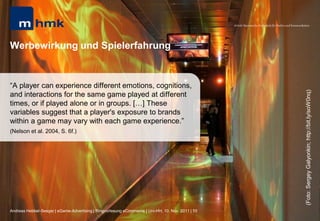 MHMK Macromedia Hochschule für Medien und Kommunikation




Werbewirkung und Spielerfahrung


“A player can experience different emotions, cognitions,




                                                                                                                                                       (Foto: Sergey Galyonkin; http://bit.ly/soW0nq)
and interactions for the same game played at different
times, or if played alone or in groups. […] These
variables suggest that a player's exposure to brands
within a game may vary with each game experience.”
(Nelson et al. 2004, S. 6f.)




Andreas Hebbel-Seeger | eGame-Advertising | Ringvorlesung eCommerce | Uni-HH, 10. Nov. 2011 | 55
 