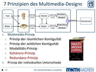 1. Multimedia-PrinzipVon Verständlichkeit zu Usability18Die Arbeitsweise eines OttomotorsEin Viertakt Ottomotor führt während seines Arbeitsspiels 4 Takte aus - Ansaugen, Verdichten, Arbeiten und Ausschieben. Im ersten Takt (Ansaugen) ist das Einlaßventil geöffnet und der Kolben bewegt sich in Richtung Kurbelwelle. Durch den im Verbrennungsraum herrschenden Unterdruck wird ein Luft-Kraftstoffgemisch angesogen und füllt zum Ende des Taktes den Verbrennungsraum ganz aus. Das Enlaßventil schließt sich und der Kolben bewegt sich von der Kurbelwelle weg (Takt 2: Verdichten). Dabei wird das Luft-Kraftstoffgemisch stark verdichtet. Kurz vor Erreichen des oberen Totpunktes (OT) wird das Gemisch durch einen Funken an der Zündkerze gezündet (Zündzeitpunkt). Temperatur und Druck im Verbrennungraum steigen sprunghaft an. Durch den hohen Druck wird der Kolben wieder in Richtung Kurbelwelle gepreßt (Takt 3: Arbeiten). Am unteren Totpunkt (UT) öffnet das Auslaßventil und die Verbrennungsgase werden aus dem Verbrennungsraum ausgeschoben (Takt 4: Ausschieben). Insgesamt hat sich die Kurbelwelle nach den 4 Takten um 720° gedreht (2 vollständige Umdrehungen). 