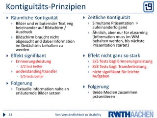 4. Modalitäts-PrinzipVon Verständlichkeit zu Usability24Split-Attention-Effect In dieser Darstellungsehen Sie vier äqui-valente elektrischeSchaltungen. Den Beweis hierfür liefertdie Animation, diedie Schaltungen in-einander überführt.Bitte achten Sie auchauf …