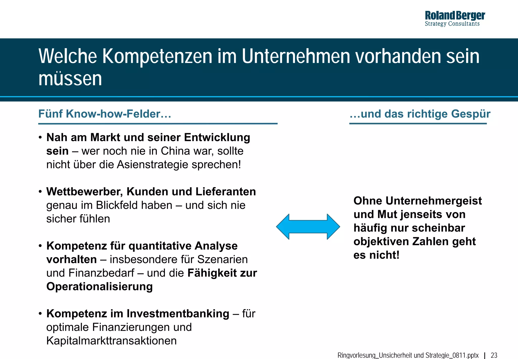 Welche Kompetenzen im Unternehmen vorhanden sein
müssen
Fünf Know-how-Felder…                            …und das richtige Gespür

• Nah am Markt und seiner Entwicklung
  sein – wer noch nie in China war, sollte
  nicht über die Asienstrategie sprechen!

• Wettbewerber, Kunden und Lieferanten
  genau im Blickfeld haben – und sich nie         Ohne Unternehmergeist
  sicher fühlen                                   und Mut jenseits von
                                                  häufig nur scheinbar
• Kompetenz für quantitative Analyse              objektiven Zahlen geht
  vorhalten – insbesondere für Szenarien          es nicht!
  und Finanzbedarf – und die Fähigkeit zur
  Operationalisierung

• Kompetenz im Investmentbanking – für
  optimale Finanzierungen und
  Kapitalmarkttransaktionen
                                             Ringvorlesung_Unsicherheit und Strategie_0811.pptx   23
 
