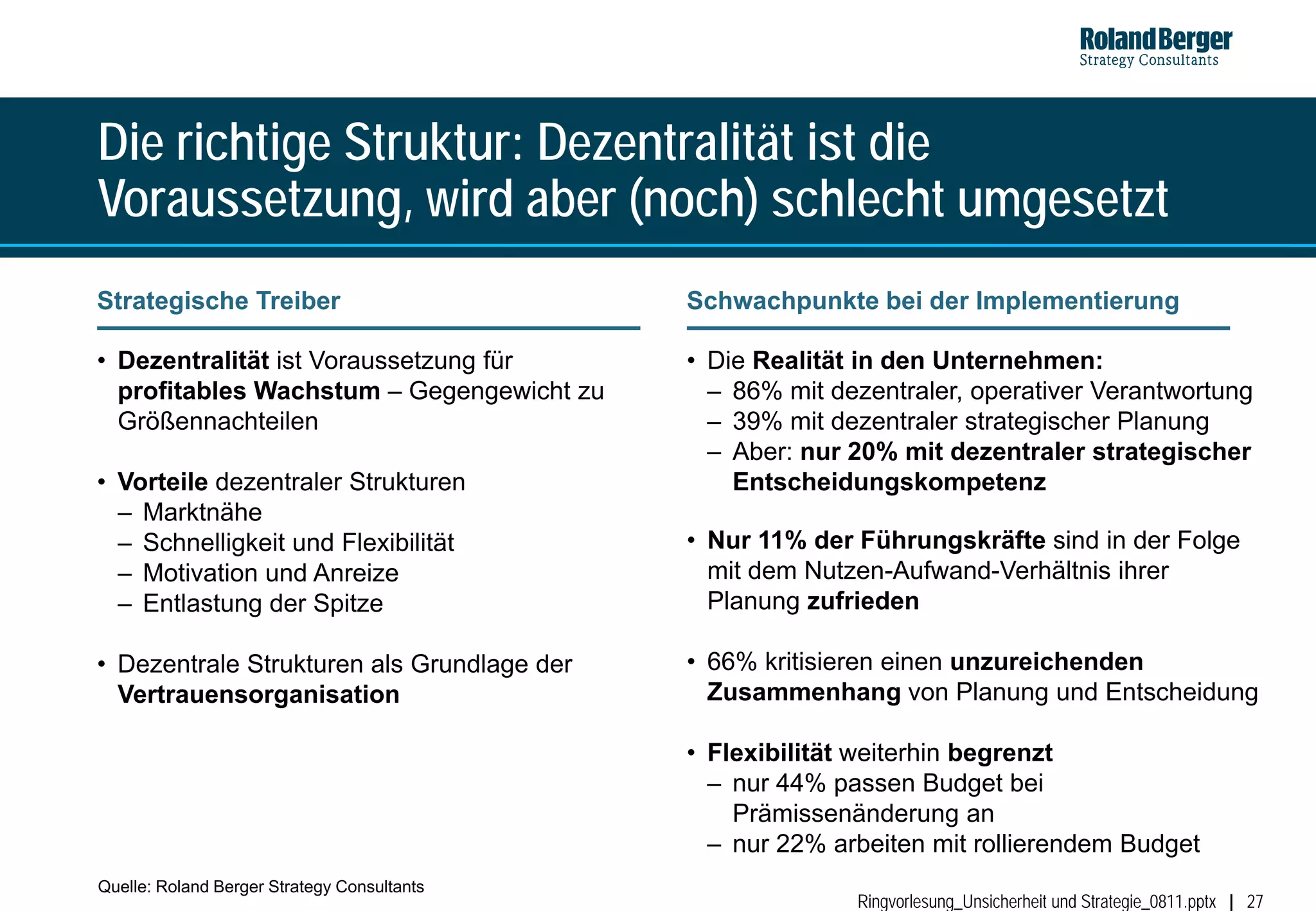 Die richtige Struktur: Dezentralität ist die
Voraussetzung, wird aber (noch) schlecht umgesetzt
Strategische Treiber                         Schwachpunkte bei der Implementierung

• Dezentralität ist Voraussetzung für        • Die Realität in den Unternehmen:
  profitables Wachstum – Gegengewicht zu       – 86% mit dezentraler, operativer Verantwortung
  Größennachteilen                             – 39% mit dezentraler strategischer Planung
                                               – Aber: nur 20% mit dezentraler strategischer
• Vorteile dezentraler Strukturen                Entscheidungskompetenz
  – Marktnähe
  – Schnelligkeit und Flexibilität           • Nur 11% der Führungskräfte sind in der Folge
  – Motivation und Anreize                     mit dem Nutzen-Aufwand-Verhältnis ihrer
  – Entlastung der Spitze                      Planung zufrieden

• Dezentrale Strukturen als Grundlage der    • 66% kritisieren einen unzureichenden
  Vertrauensorganisation                       Zusammenhang von Planung und Entscheidung

                                             • Flexibilität weiterhin begrenzt
                                               – nur 44% passen Budget bei
                                                 Prämissenänderung an
                                               – nur 22% arbeiten mit rollierendem Budget
Quelle: Roland Berger Strategy Consultants
                                                           Ringvorlesung_Unsicherheit und Strategie_0811.pptx   27
 