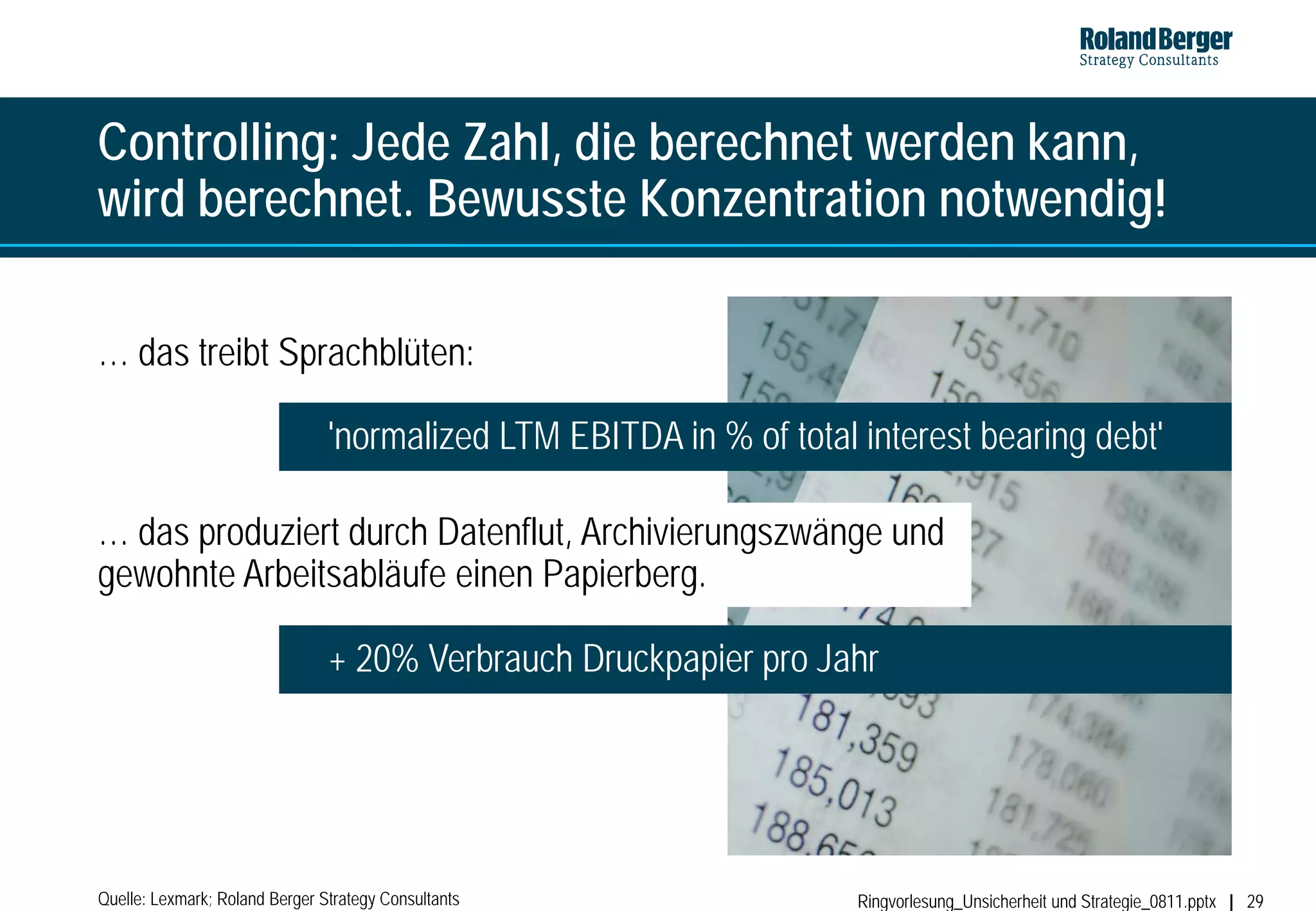 Controlling: Jede Zahl, die berechnet werden kann,
wird berechnet. Bewusste Konzentration notwendig!

… das treibt Sprachblüten:

                                'normalized LTM EBITDA in % of total interest bearing debt'

… das produziert durch Datenflut, Archivierungszwänge und
gewohnte Arbeitsabläufe einen Papierberg.

                                + 20% Verbrauch Druckpapier pro Jahr




Quelle: Lexmark; Roland Berger Strategy Consultants                  Ringvorlesung_Unsicherheit und Strategie_0811.pptx   29
 