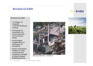 Biomasse bei EnBW


 Biomasse bei EnBW:

 • 13 Anlagen mit
   insgesamt
   rd. 40 MW elektrische
   Leistung
 • Versorgung von
   industriellen und
   kommunalen Nah-
   und Fernwärme-
   netzen
 • konzerneigene
   Logistiktochter zur
   Versorgung mit
   Energieholz
 • derzeit verschiedene
   Projekte zur Unter-
   suchung der öko-
   nomischen Potentiale
   im Bereich Biogas/              Biomasse HKW Ulm – 9,6 MW el
   Biogaseinspeisung
19   30.10.2008          HOL CW Jürgen Hogrefe
 