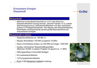Erneuerbare Energien
     Wasserkraft


Wasserkraft
      › Während im Bundesdurchschnitt nur 3,5 % des Stroms in
        Wasserkraftwerken erzeugt werden, stammen bereits 10 % unserer
        Stromerzeugung aus Laufwasserkraftwerken und dem natürlichen
        Zufluss in Pumpspeicherwerken. Der Neubau des Wasserkraftwerks
        Rheinfelden ist Deutschlands derzeit größte Baumaßnahme bei
        erneuerbaren Energien.
Wasserkraft in Zahlen
      › Gesamtinvestitionen ca. 750 Mio. €
      › Neubau Rheinfelden 100 MW (zusätzlich 75 MW)
      › Kops II (Vorarlberg) Ausbau um 450 MW auf insges. 1200 MW
      › Ausbau vorhandener Wasserkraftkapazitäten
        (Iffezheim 38 MW, 6 weitere Projekte mit gesamt ca. 11 MW)
       › Stiftungsprofessur Universität Stuttgart
       › 63 Laufwasserkraftwerke
       › 12 Pumpspeicherkraftwerke
22
       › Rund 3.300 HOL CW Jürgen Hogrefe Leistung.
     30.10.2008
                     Megawatt installierte
 