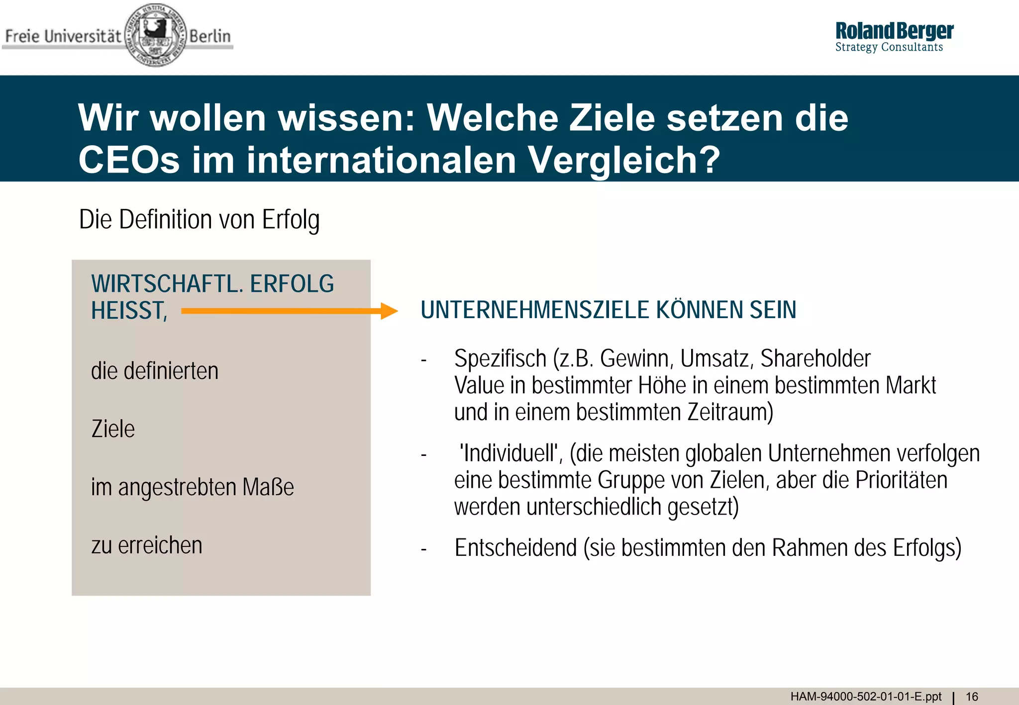 Wir wollen wissen: Welche Ziele setzen die
CEOs im internationalen Vergleich?
Die Definition von Erfolg

 WIRTSCHAFTL. ERFOLG
 HEISST,                    UNTERNEHMENSZIELE KÖNNEN SEIN
                            -   Spezifisch (z.B. Gewinn, Umsatz, Shareholder
 die definierten
                                Value in bestimmter Höhe in einem bestimmten Markt
                                und in einem bestimmten Zeitraum)
 Ziele
                            -   'Individuell', (die meisten globalen Unternehmen verfolgen
 im angestrebten Maße           eine bestimmte Gruppe von Zielen, aber die Prioritäten
                                werden unterschiedlich gesetzt)
 zu erreichen               -   Entscheidend (sie bestimmten den Rahmen des Erfolgs)




                                                                     HAM-94000-502-01-01-E.ppt   16
 