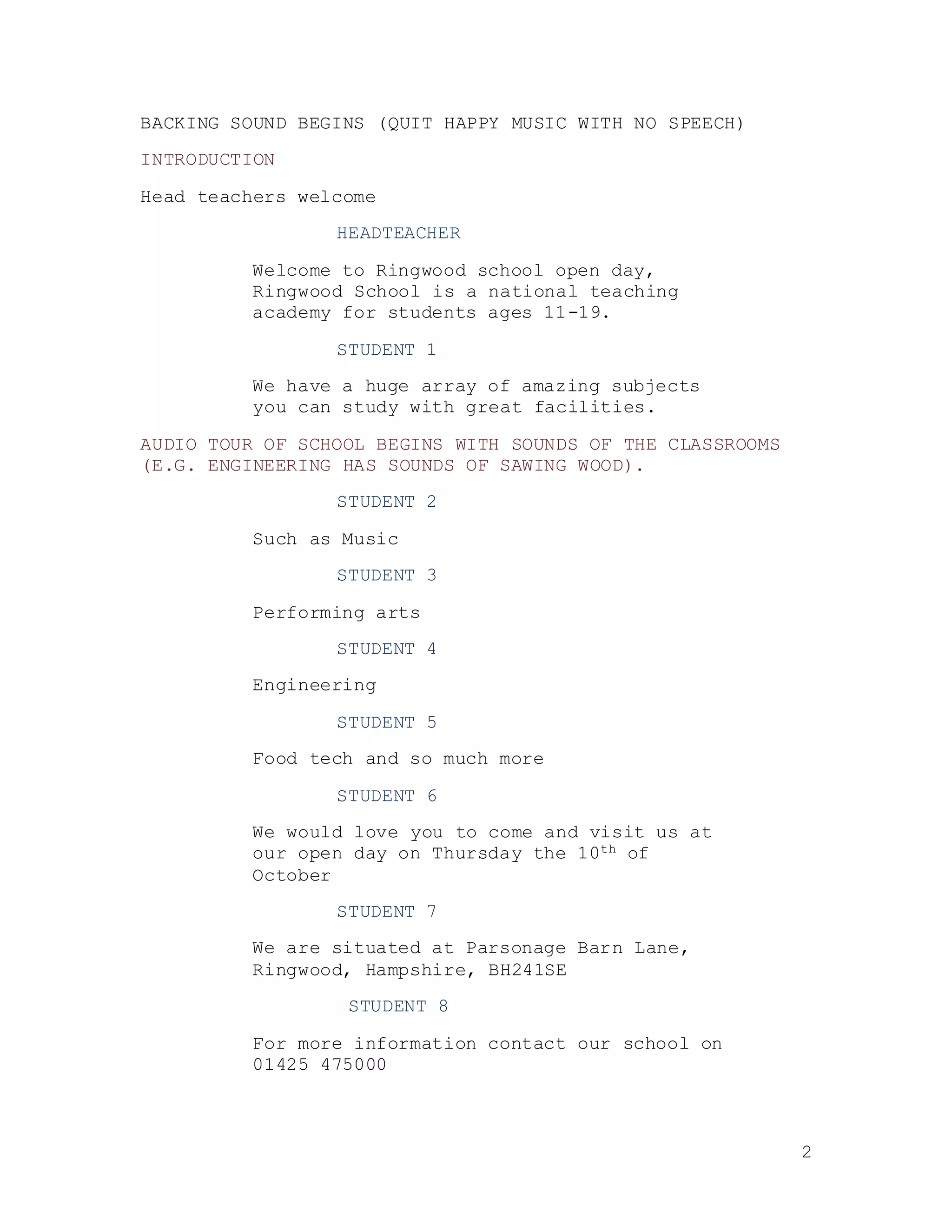 Ringwood school open day radio advert script | DOCX | Music | Entertainment