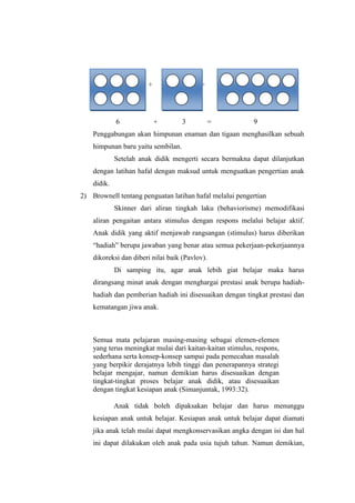 + =
=
6 + 3 = 9
Penggabungan akan himpunan enaman dan tigaan menghasilkan sebuah
himpunan baru yaitu sembilan.
Setelah anak didik mengerti secara bermakna dapat dilanjutkan
dengan latihan hafal dengan maksud untuk menguatkan pengertian anak
didik.
2) Brownell tentang penguatan latihan hafal melalui pengertian
Skinner dari aliran tingkah laku (behaviorisme) memodifikasi
aliran pengaitan antara stimulus dengan respons melalui belajar aktif.
Anak didik yang aktif menjawab rangsangan (stimulus) harus diberikan
“hadiah” berupa jawaban yang benar atau semua pekerjaan-pekerjaannya
dikoreksi dan diberi nilai baik (Pavlov).
Di samping itu, agar anak lebih giat belajar maka harus
dirangsang minat anak dengan menghargai prestasi anak berupa hadiah-
hadiah dan pemberian hadiah ini disesuaikan dengan tingkat prestasi dan
kematangan jiwa anak.
Semua mata pelajaran masing-masing sebagai elemen-elemen
yang terus meningkat mulai dari kaitan-kaitan stimulus, respons,
sederhana serta konsep-konsep sampai pada pemecahan masalah
yang berpikir derajatnya lebih tinggi dan penerapannya strategi
belajar mengajar, namun demikian harus disesuaikan dengan
tingkat-tingkat proses belajar anak didik, atau disesuaikan
dengan tingkat kesiapan anak (Simanjuntak, 1993:32).
Anak tidak boleh dipaksakan belajar dan harus menunggu
kesiapan anak untuk belajar. Kesiapan anak untuk belajar dapat diamati
jika anak telah mulai dapat mengkonservasikan angka dengan isi dan hal
ini dapat dilakukan oleh anak pada usia tujuh tahun. Namun demikian,
 