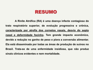RESUMO
A Rinite Atrófica (RA) é uma doença infecto contagiosa do
trato respiratório superior, de evolução progressiva e crônica,
caracterizada por atrofia dos cornetos nasais, desvio do septo
nasal e deformidade focinho. Tem grande impacto econômico,
devido a redução no ganho de peso e piora a conversão alimentar.
Ela está disseminada por todas as áreas de produção de suínos no
Brasil. Trata-se de uma enfermidade insidiosa, que não produz
sinais clínicos evidentes e nem mortalidade.
 