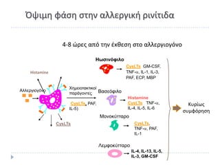 Πψιμθ φάςθ ςτθν αλλεργικι ρινίτιδα

                  4-8 ϊρεσ από τθν ζκκεςθ ςτο αλλεργιογόνο

                                  Ηωσινόυιλο
                                                CysLTs, GM-CSF,
    Histamine   IL-4, IL-6                      TNF- , IL-1, IL-3,
                                                PAF, ECP, MBP

                      Χημειοτακτικοί
Αλλεργιογόνο
                      παράγοντες Βασεόυιλο
                                                 Histamine,
                      (CysLTs, PAF,              CysLTs,, TNF- ,            Κυρίωσ
                      IL-5)                      IL-4, IL-5, IL-6
                                                                          ςυμφόρθςθ
                                      Μονοκύτταρο
     PGs        CysLTs                                CysLTs,
                                                      TNF- , PAF,
    Proteases                                         IL-1

                                      Λεμυοκύτταρο
                                                     IL-4, IL-13, IL-5,
                                                     IL-3, GM-CSF
 