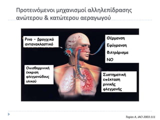 Ρροτεινόμενοι μθχανιςμοί αλλθλεπίδραςθσ
ανϊτερου & κατϊτερου αεραγωγοφ


  Ριμο – βρογτικό             Θέρμαμζη
  αμηαμακλαζηικό              Εθύγραμζη
                              Φιληράριζμα
                              ΝΟ

   Οπιζθορριμική
   έκκριζη
   θλεγμομώδοσς
                             Σσζηημαηική
   σλικού                    επέκηαζη
                             ριμικής
                             θλεγμομής




                                         Togias A, JACI 2003:111
 