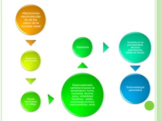 Alteraciones
neurovascular
es de los
vasos de la
mucosa nasal
Predominio
parasimpátic
o
Estado
hiperexitaci
on refleja
Desencadenada:
cambios bruscos de
temperatura, humo,
humedad, alcohol,
polvo, irritabilidad
mecánica, estrés,
sobrecarga anímica,
medicamentos, otros.
Hiperemia
Aumento en la
permeabilidad.
Mucosa
edematizada.
Salida de liquido.
Sintomatología
paroxística
 