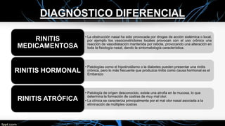 DIAGNÓSTICO DIFERENCIAL
• La obstrucción nasal ha sido provocada por drogas de acción sistémica o local,
por ejemplo los vasoconstrictores locales provocan con el uso crónico una
reacción de vasodilatación mantenida por rebote, provocando una alteración en
toda la fisiología nasal, dando la sintomatología característica.
RINITIS
MEDICAMENTOSA
• Patologías como el hipotiroidismo o la diabetes pueden presentar una rinitis
crónica, pero lo más frecuente que produzca rinitis como causa hormonal es el
Embarazo
RINITIS HORMONAL
• Patología de origen desconocido, existe una atrofia en la mucosa, lo que
determina la formación de costras de muy mal olor.
• La clínica se caracteriza principalmente por el mal olor nasal asociada a la
eliminación de múltiples costras
RINITIS ATRÓFICA
 