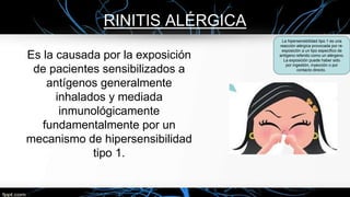 RINITIS ALÉRGICA
Es la causada por la exposición
de pacientes sensibilizados a
antígenos generalmente
inhalados y mediada
inmunológicamente
fundamentalmente por un
mecanismo de hipersensibilidad
tipo 1.
La hipersensibilidad tipo 1 es una
reacción alérgica provocada por re-
exposición a un tipo específico de
antígeno referido como un alérgeno.
La exposición puede haber sido
por ingestión, inyección o por
contacto directo.
 