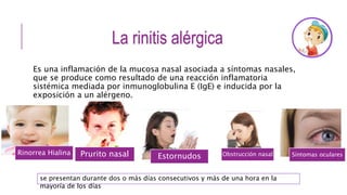 La rinitis alérgica
Es una inflamación de la mucosa nasal asociada a síntomas nasales,
que se produce como resultado de una reacción inflamatoria
sistémica mediada por inmunoglobulina E (IgE) e inducida por la
exposición a un alérgeno.
Prurito nasal Estornudos Obstrucción nasalRinorrea Hialina
se presentan durante dos o más días consecutivos y más de una hora en la
mayoría de los días
Síntomas oculares
 