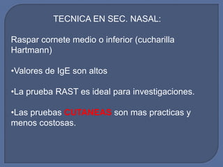 TECNICA EN SEC. NASAL:

Raspar cornete medio o inferior (cucharilla
Hartmann)

•Valores de IgE son altos

•La prueba RAST es ideal para investigaciones.

•Las pruebas CUTANEAS son mas practicas y
menos costosas.
 