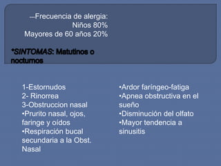 ---Frecuencia
             de alergia:
             Niños 80%
Mayores de 60 años 20%




1-Estornudos               •Ardor faríngeo-fatiga
2- Rinorrea                •Apnea obstructiva en el
3-Obstruccion nasal        sueño
•Prurito nasal, ojos,      •Disminución del olfato
faringe y oídos            •Mayor tendencia a
•Respiración bucal         sinusitis
secundaria a la Obst.
Nasal
 