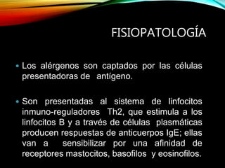 FISIOPATOLOGÍA
 Los alérgenos son captados por las células
presentadoras de antígeno.
 Son presentadas al sistema de linfocitos
inmuno-reguladores Th2, que estimula a los
linfocitos B y a través de células plasmáticas
producen respuestas de anticuerpos IgE; ellas
van a sensibilizar por una afinidad de
receptores mastocitos, basofilos y eosinofilos.
 