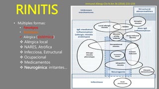 RINITIS
• Múltiples formas:
• Fenotipos
• Endotipos
 Alérgica (sistémica)
 Alérgica local
 NARES, Atrófica
 Infecciosa, Estructural
 Ocupacional
 Medicamentos
 Neurogénica: irritantes…
Immunol Allergy Clin N Am 36 (2016) 215–233
 