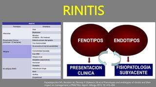 RINITIS
Papadopoulos NG, Berstein JA, Demoly P, Dykewicz M et al Phenotypes and endotypes of rhinitis and their
impact on management: a PRACTALL report. Allergy 2015; 70: 474–494
 