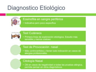 Diagnostico Etiológico
Eosinofilia en sangre periférica
• Indicativa pero poco especifica
Test Cutáneos
• Primera línea de exploración etiológica. Estudio más
sensible y menos costoso
Test de Provocación nasal
• Más controvertidos y tienen solo indicación en casos de
alergias profesionales.
Citología Nasal
• Útil en casos de negatividad a todas las pruebas alérgica,
permite pensar en otros diagnósticos.
 