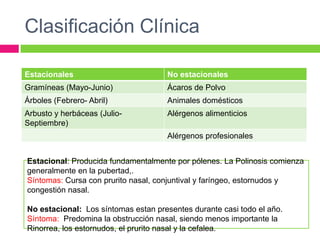 Clasificación Clínica
Estacionales No estacionales
Gramíneas (Mayo-Junio) Ácaros de Polvo
Árboles (Febrero- Abril) Animales domésticos
Arbusto y herbáceas (Julio-
Septiembre)
Alérgenos alimenticios
Alérgenos profesionales
Estacional: Producida fundamentalmente por pólenes. La Polinosis comienza
generalmente en la pubertad,.
Síntomas: Cursa con prurito nasal, conjuntival y faríngeo, estornudos y
congestión nasal.
No estacional: Los síntomas estan presentes durante casi todo el año.
Síntoma: Predomina la obstrucción nasal, siendo menos importante la
Rinorrea, los estornudos, el prurito nasal y la cefalea.
 
