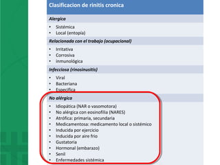 Clasificacion de rinitis cronica
Alergica
• Sistémica
• Local (entopía)
Relacionada con el trabajo (ocupacional)
• Irritativa
• Corrosiva
• inmunológica
Infecciosa (rinosinusitis)
• Viral
• Bacteriana
• Especifica
No alérgica
• Idiopática (NAR o vasomotora)
• No alérgica con eosinofilia (NARES)
• Atrófica: primaria, secundaria
• Medicamentosa: medicamento local o sistémico
• Inducida por ejercicio
• Inducida por aire frio
• Gustatoria
• Hormonal (embarazo)
• Senil
• Enfermedades sistémica
 