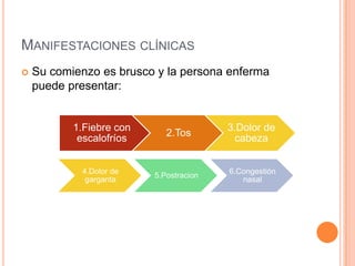 4.Dolor de
garganta
5.Postracion
6.Congestión
nasal
MANIFESTACIONES CLÍNICAS
 Su comienzo es brusco y la persona enferma
puede presentar:
1.Fiebre con
escalofríos
2.Tos
3.Dolor de
cabeza
 