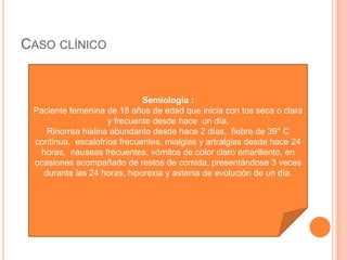 CASO CLÍNICO
Semiología :
Paciente femenina de 18 años de edad que inicia con tos seca o clara
y frecuente desde hace un día,
Rinorrea hialina abundante desde hace 2 días, fiebre de 39° C
continua, escalofríos frecuentes, mialgias y artralgias desde hace 24
horas, nauseas frecuentes, vómitos de color claro amarillento, en
ocasiones acompañado de restos de comida, presentándose 3 veces
durante las 24 horas, hiporexia y astenia de evolución de un día.
 