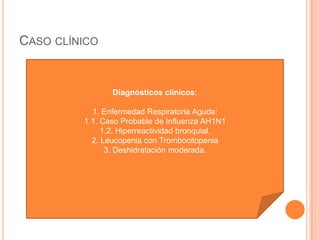 CASO CLÍNICO
Diagnósticos clínicos:
1. Enfermedad Respiratoria Aguda:
1.1. Caso Probable de Influenza AH1N1
1.2. Hiperreactividad bronquial.
2. Leucopenia con Trombocitopenia
3. Deshidratación moderada.
 