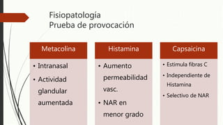 Fisiopatología
Prueba de provocación
Metacolina
• Intranasal
• Actividad
glandular
aumentada
Histamina
• Aumento
permeabilidad
vasc.
• NAR en
menor grado
Capsaicina
• Estimula fibras C
• Independiente de
Histamina
• Selectivo de NAR
 