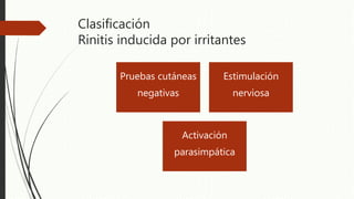 Clasificación
Rinitis inducida por irritantes
Pruebas cutáneas
negativas
Estimulación
nerviosa
Activación
parasimpática
 