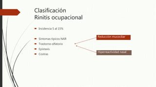 Clasificación
Rinitis ocupacional
 Incidencia 5 al 15%
 Síntomas típicos NAR
 Trastorno olfatorio
 Epistaxis
 Costras
Reducción mucociliar
Hiperreactividad nasal
 